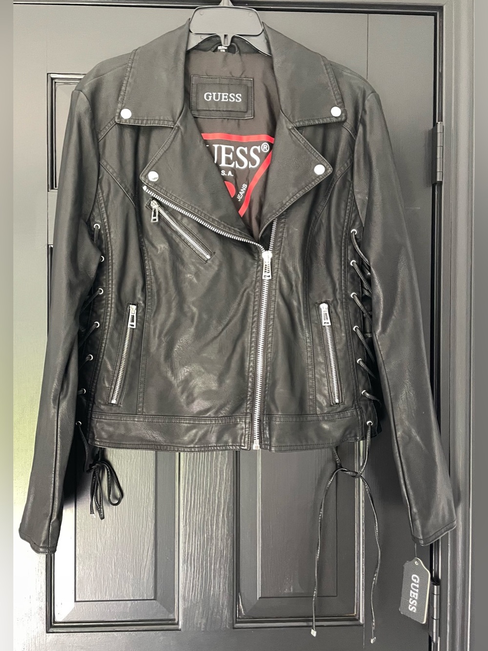 GUESS Black Lace-Up Faux Leather Moto Jacket